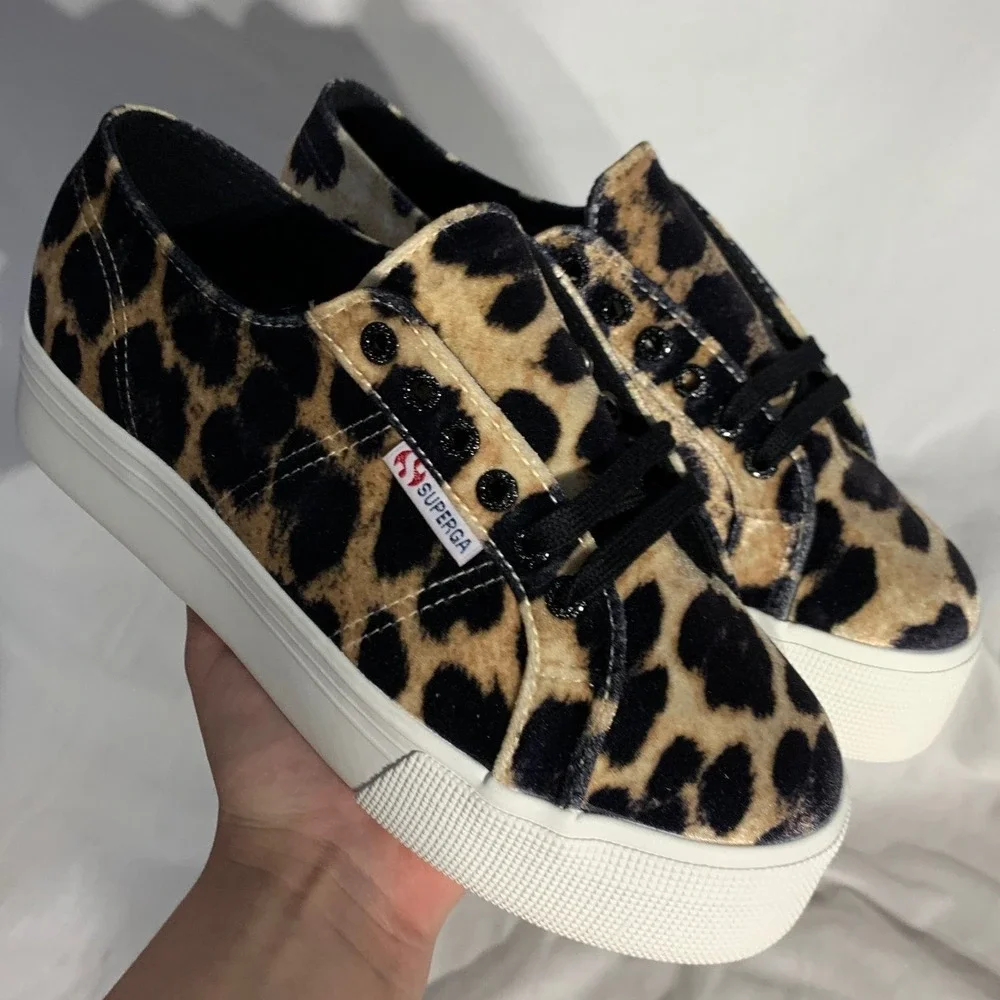 NEW Superga Platform Velvet Leopard Animal Print Shoes Size 8